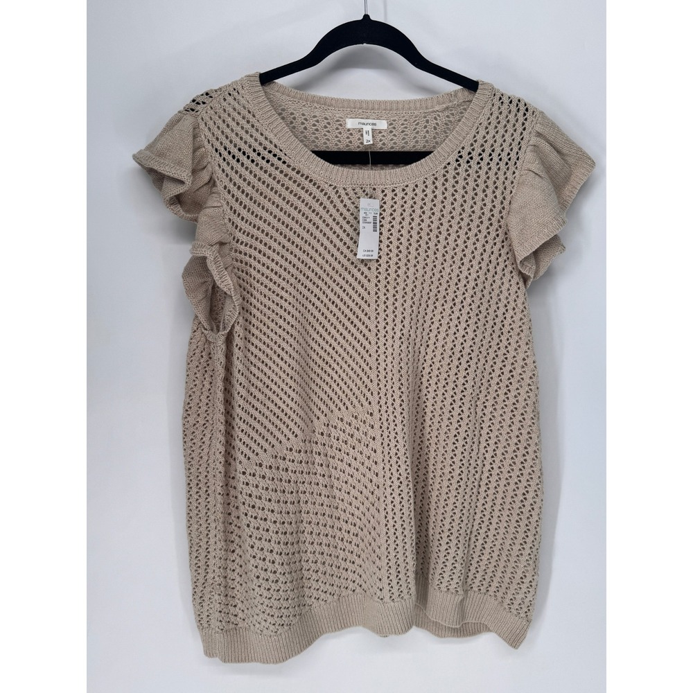 Maurices Knit Top Womens 2X Beige NWT Flutter Sleeve Metallic Open Knit
